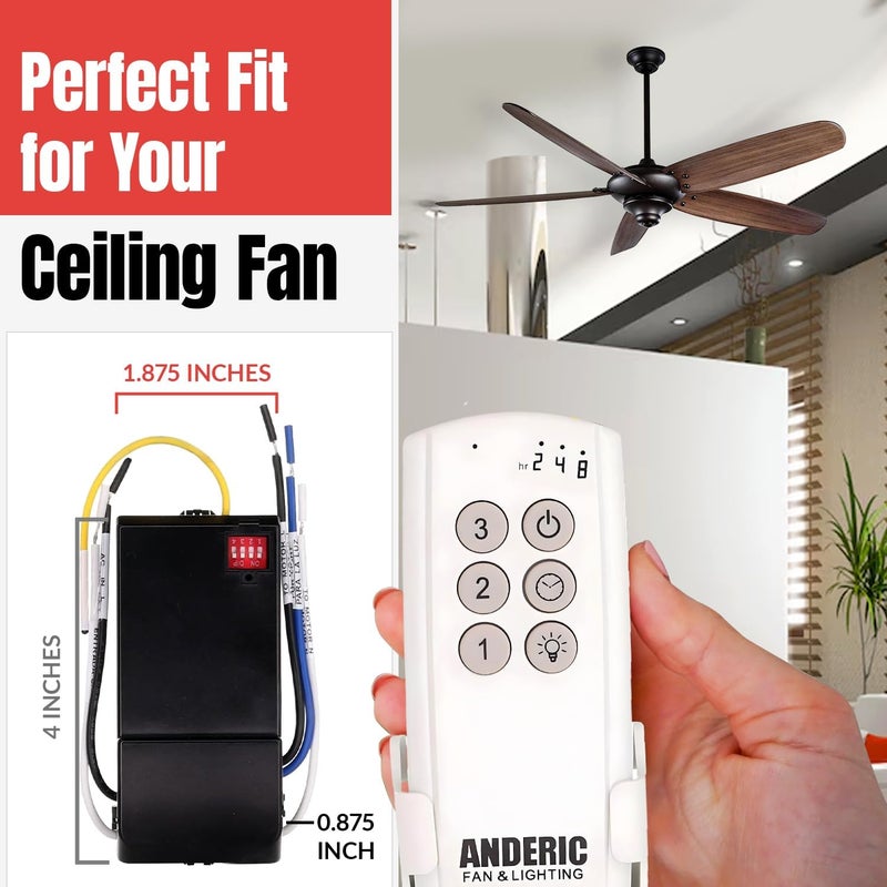 Anderic Ceiling Fan Remote Control Kit Universal for 3-Speed Fans with Fan Timer and Light Control 3-Speeds, Compact Receiver 63T-AC83T-KIT - Image 3